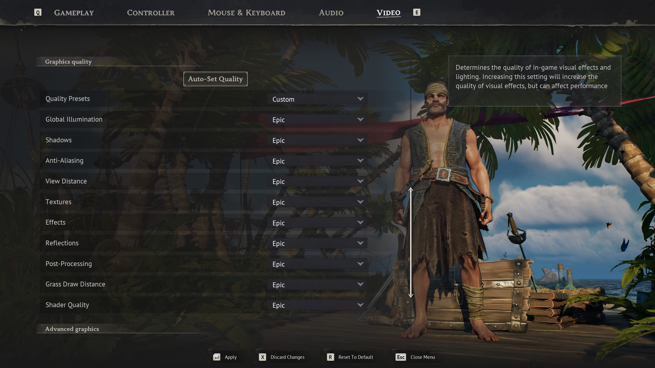 The video settings menu of a game shows multiple graphics options, all set to 'Epic,' and features a character standing on a dock beside palm trees.