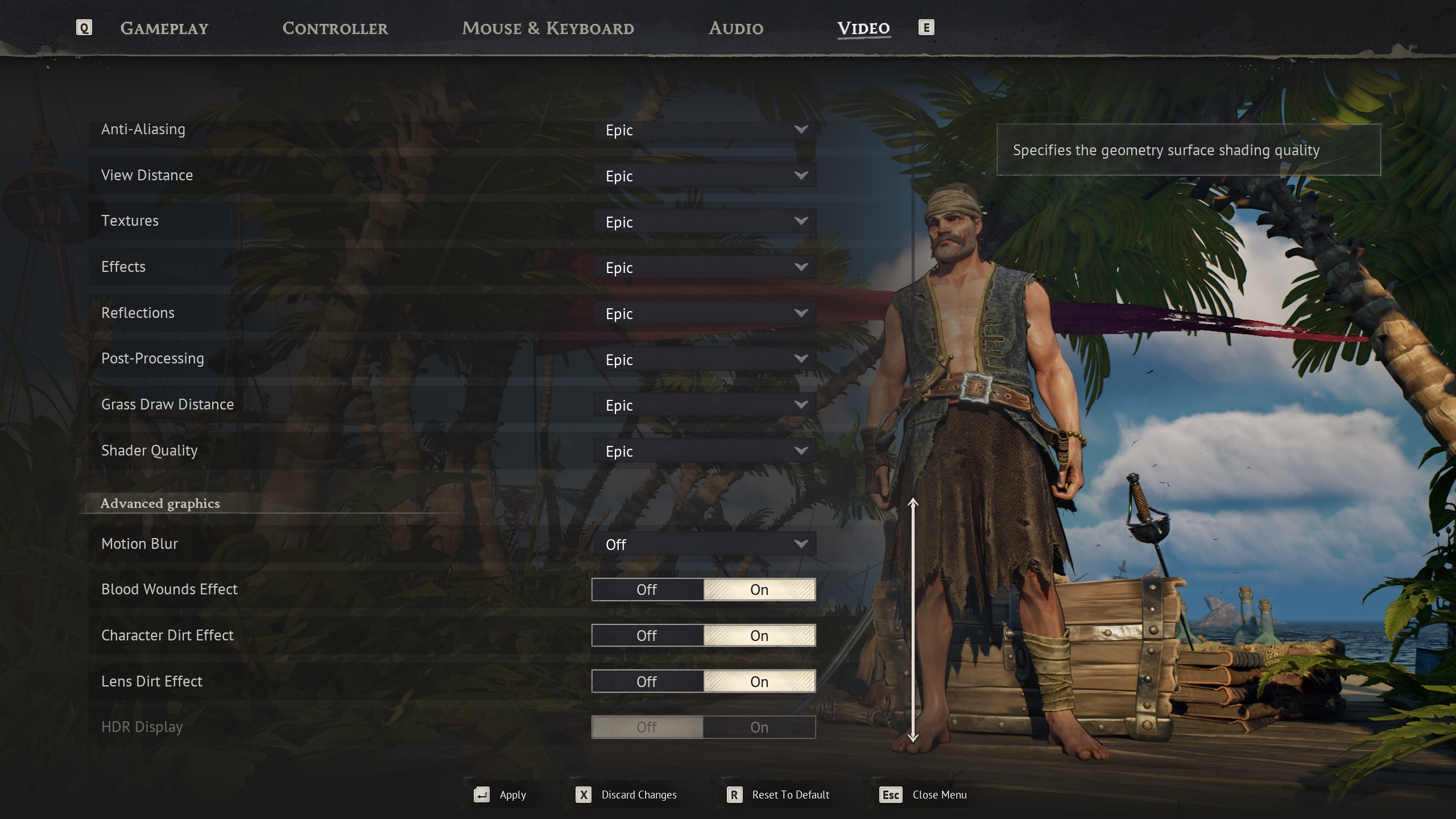 A video settings menu in a pirate-themed game, with all graphics options set to 'Epic', and 'Motion Blur', 'Blood Wounds Effect', 'Character Dirt Effect', and 'Lens Dirt Effect' toggled 'On'.