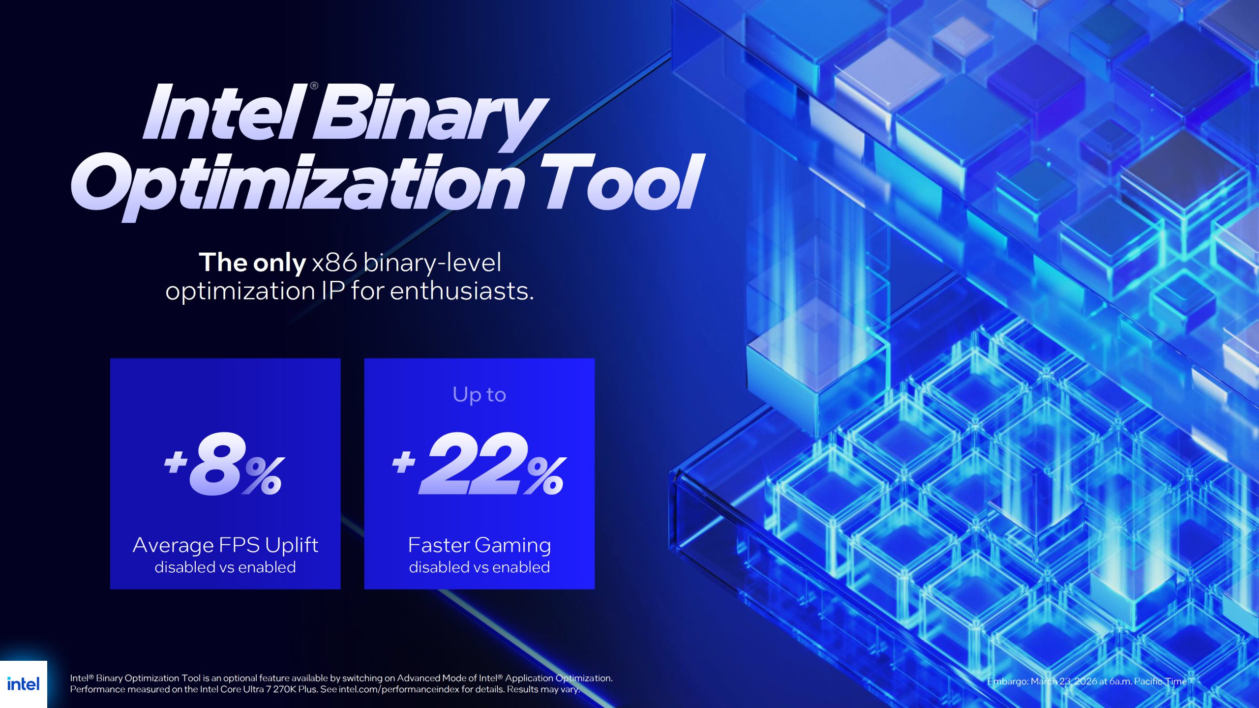 Μια εικόνα που δείχνει το «Intel Binary Optimization Tool» με αξιώσεις για «+8% Μέση Ανύψωση FPS» και «Έως +22% Ταχύτερη Παιχνίδια» βελτιώσεις απόδοσης σε τεχνικό υπόβαθρο.