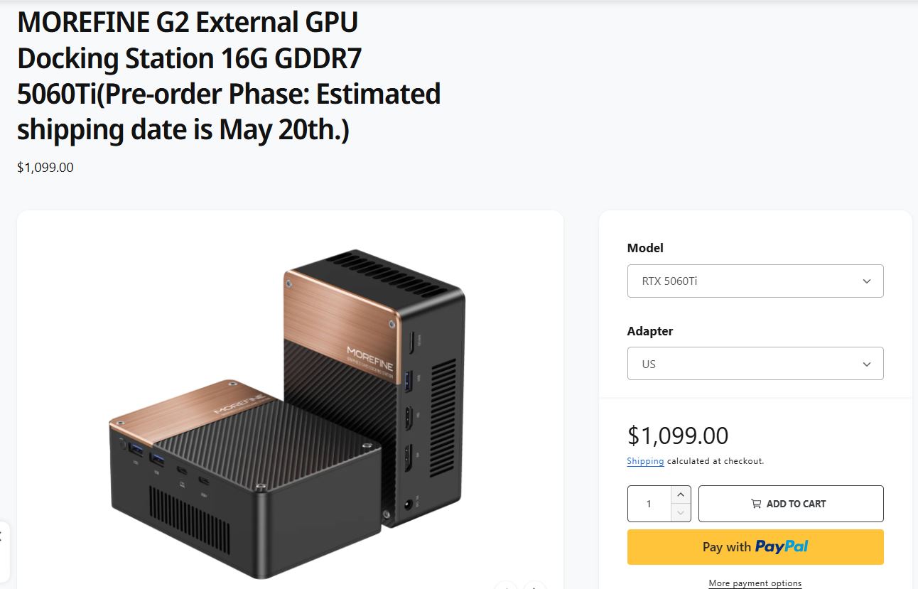 Το MOREFINE G2 External GPU Docking Station με 16G GDDR7 είναι διαθέσιμο για προπαραγγελία, με το μοντέλο RTX 5060Ti, με τιμή 1.099,00 $.