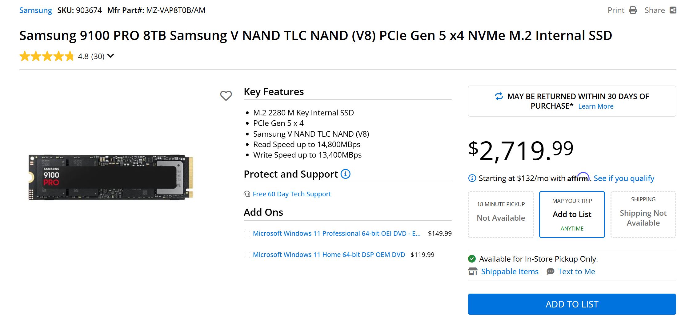 Το Samsung 9100 PRO 8TB NVMe M.2 Internal SSD με PCIe Gen 5 x4 και V NAND TLC (V8) παρατίθεται με τιμή 2.719,99 $ και χαρακτηριστικά όπως ταχύτητα ανάγνωσης έως 14.800 MBps και ταχύτητα εγγραφής έως 13.400 MBps.
