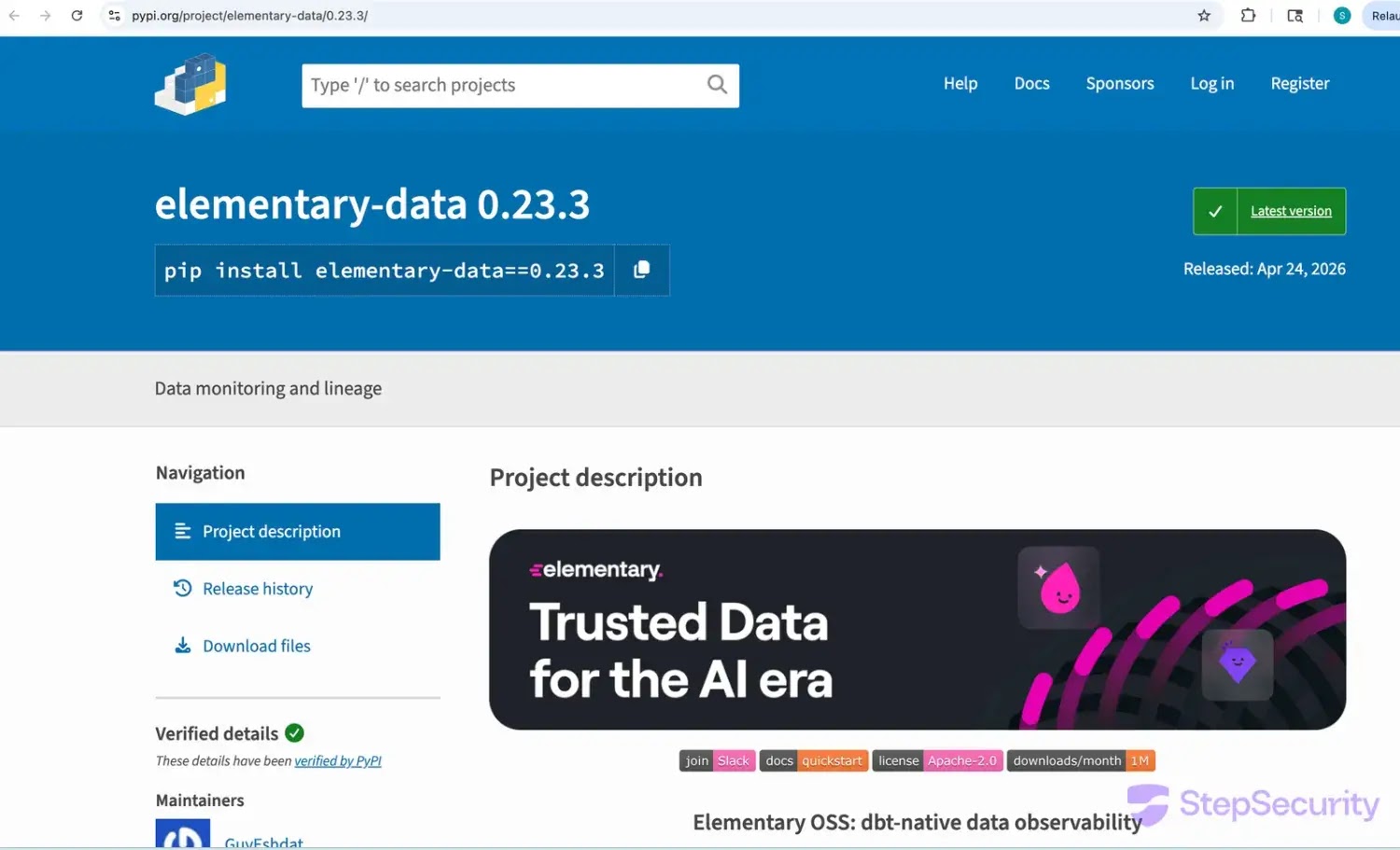 Η κακόβουλη έκδοση στοιχειωδών δεδομένων 0.23.3 καταχωρήθηκε ως η πιο πρόσφατη στο PyPI (πηγή: stepsecurity)
