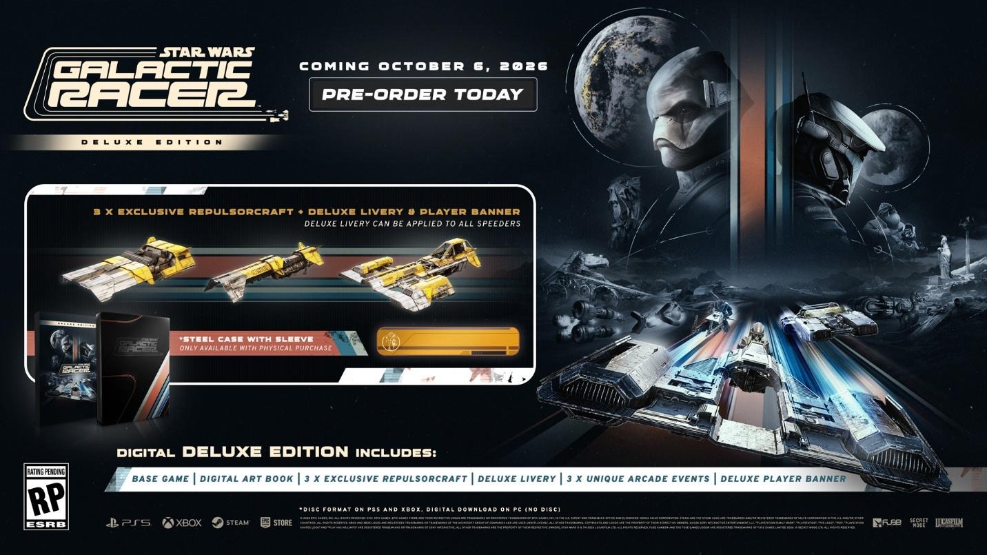 Προωθητική εικόνα για το Star Wars Galactic Racer Deluxe Edition με τρία αποκλειστικά repulsorcraft και πολυτελή χρώματα με ημερομηνία κυκλοφορίας στις 6 Οκτωβρίου 2026.