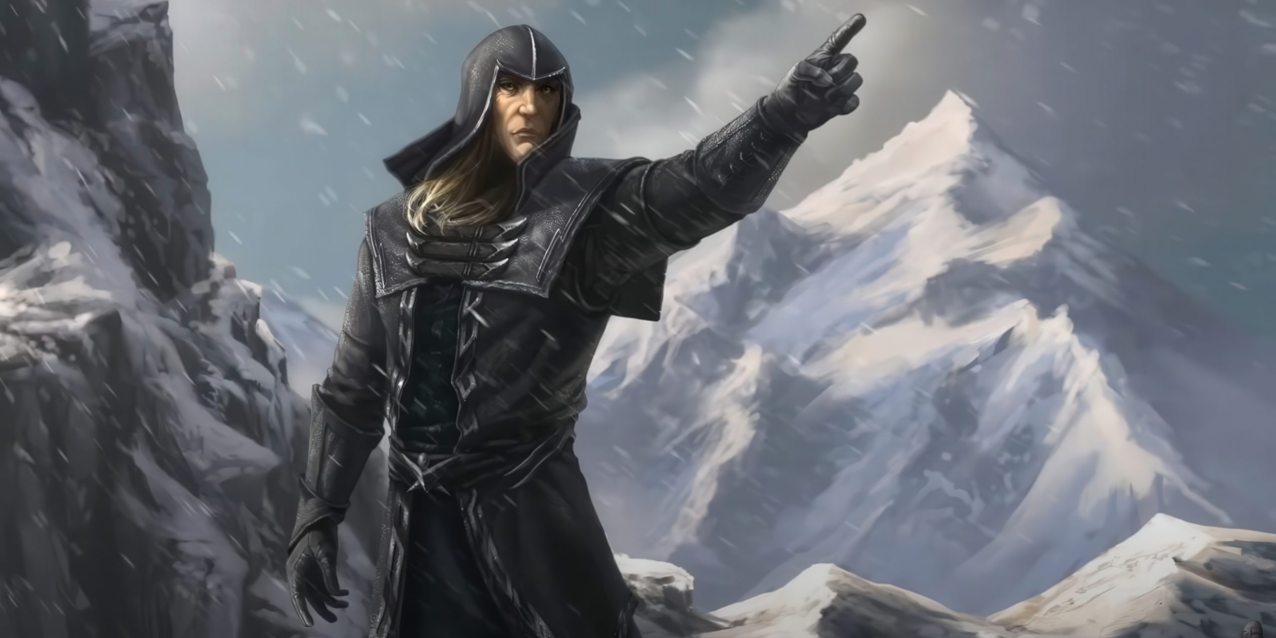 Ένας χαρακτήρας σε ένα χιονισμένο, ορεινό τοπίο, φορώντας σκοτεινή πανοπλία φαντασίας και κουκούλα, που δείχνει δραματικά προς την απόσταση.