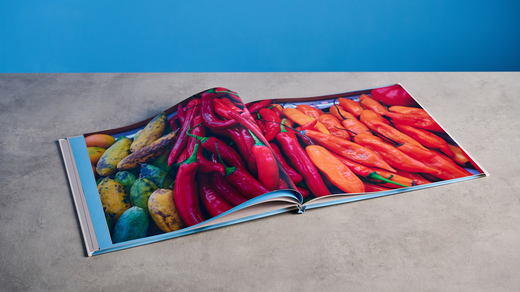 Το άλμπουμ φωτογραφιών θαμπώματος φωτογραφίζεται σε ένα τραπέζι μπροστά σε μπλε φόντο