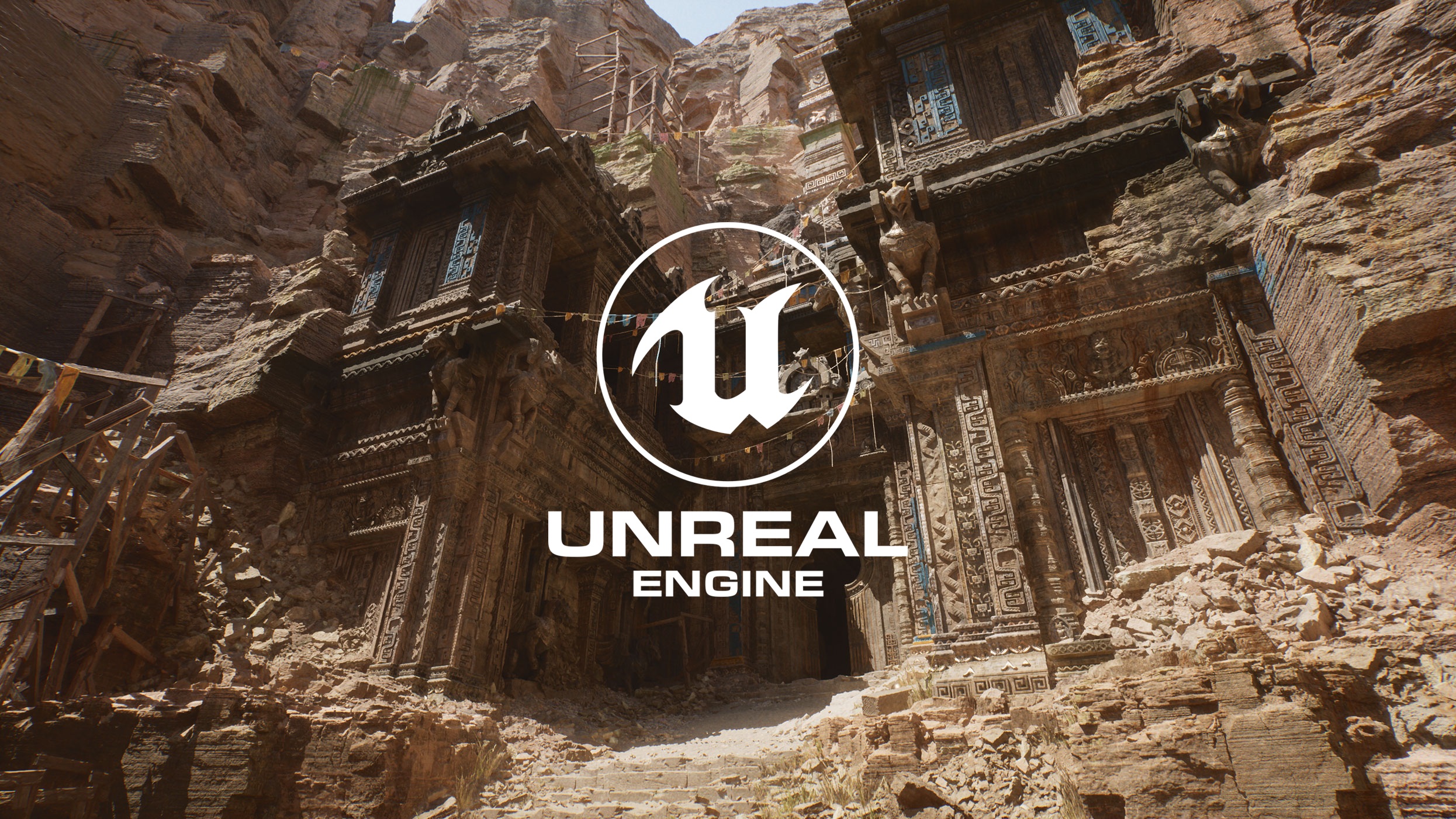 An ancient temple ruin rendered in Unreal Engine, with intricate carvings visible on the structure.
