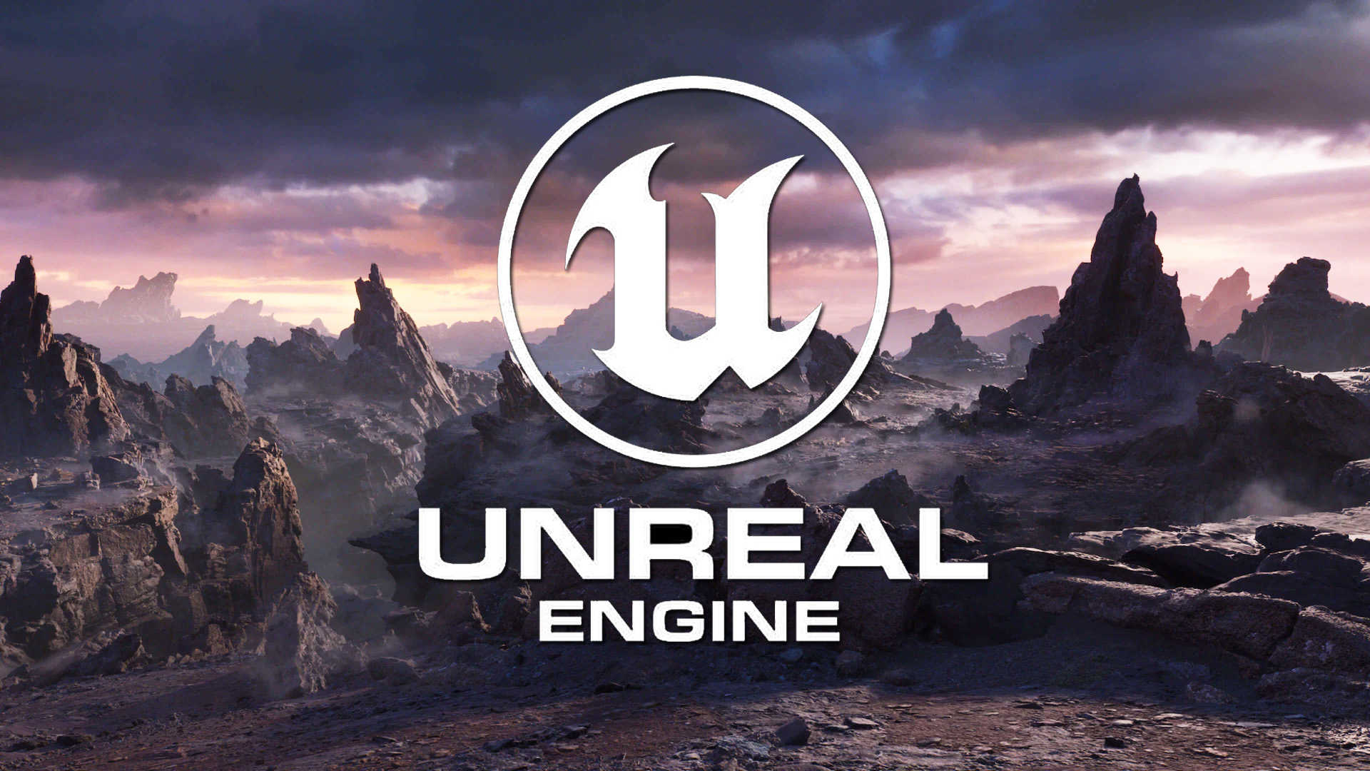A cinematic landscape rendered in Unreal Engine with a dramatic rocky terrain and clouded sky backdrop, displaying the 'Unreal Engine' logo prominently in the foreground.