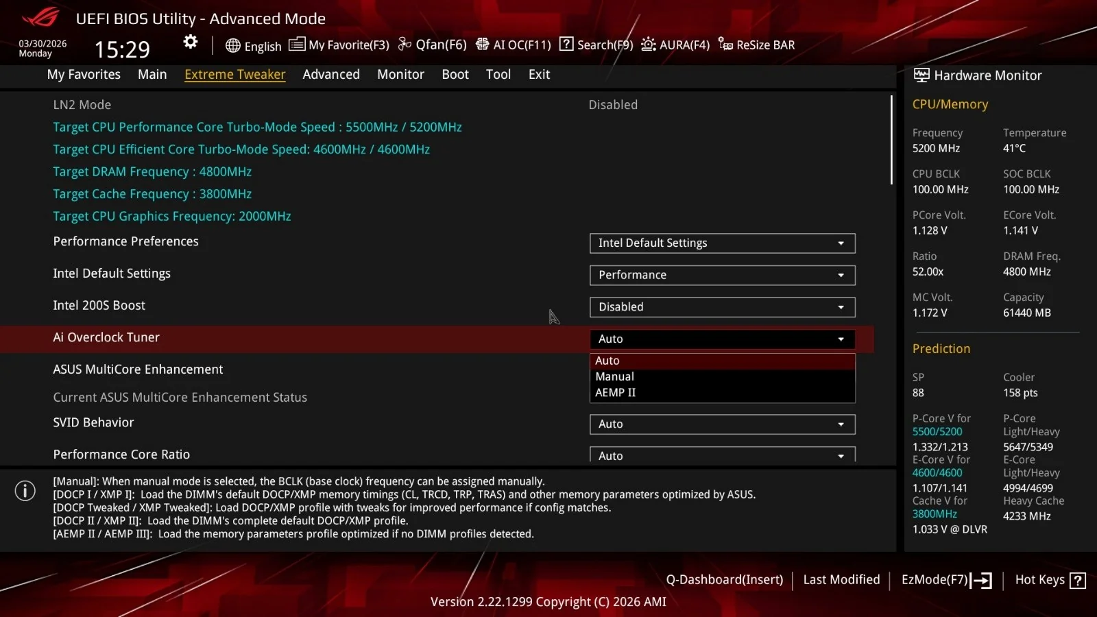 Μια οθόνη ASUS UEFI BIOS Utility σε Advanced Mode εμφανίζει τις στοχευόμενες ρυθμίσεις ταχύτητας λειτουργίας του πυρήνα turbo απόδοσης της CPU στα 5500 MHz και 5200 MHz και τη συχνότητα στόχου DRAM στα 4800 MHz, με τον δέκτη Overclock AI να έχει οριστεί σε 