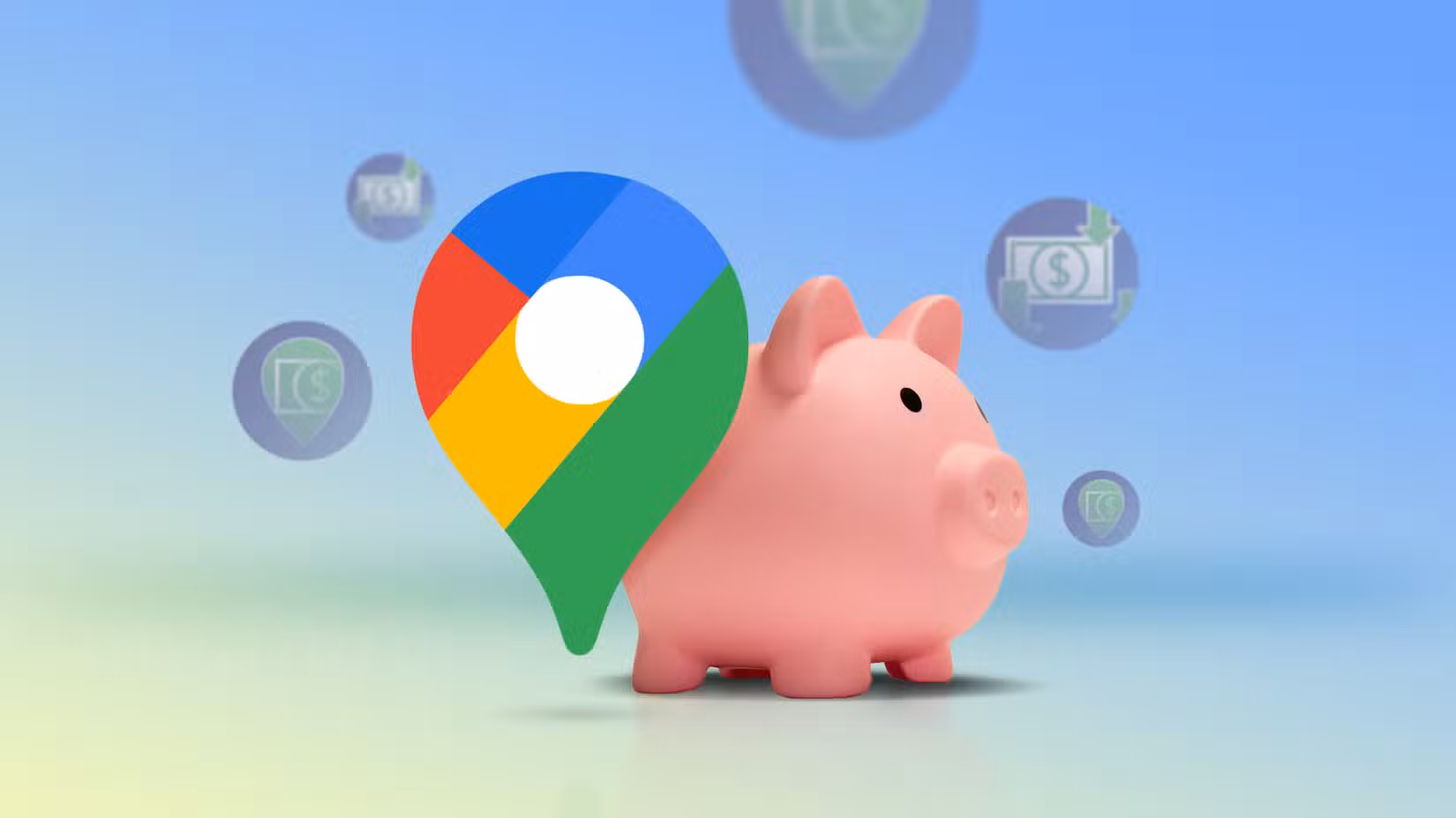 Ένας ροζ κουμπαράς με το λογότυπο των Χαρτών Google με καρφίτσα μπροστά του, που περιβάλλεται από εικονίδια χρημάτων.