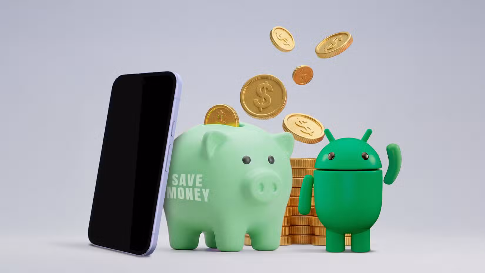 Ένα smartphone δίπλα σε έναν κουμπαρά «SAVE MONEY» και μια πράσινη μασκότ Android κάτω από χρυσά νομίσματα που πέφτουν.