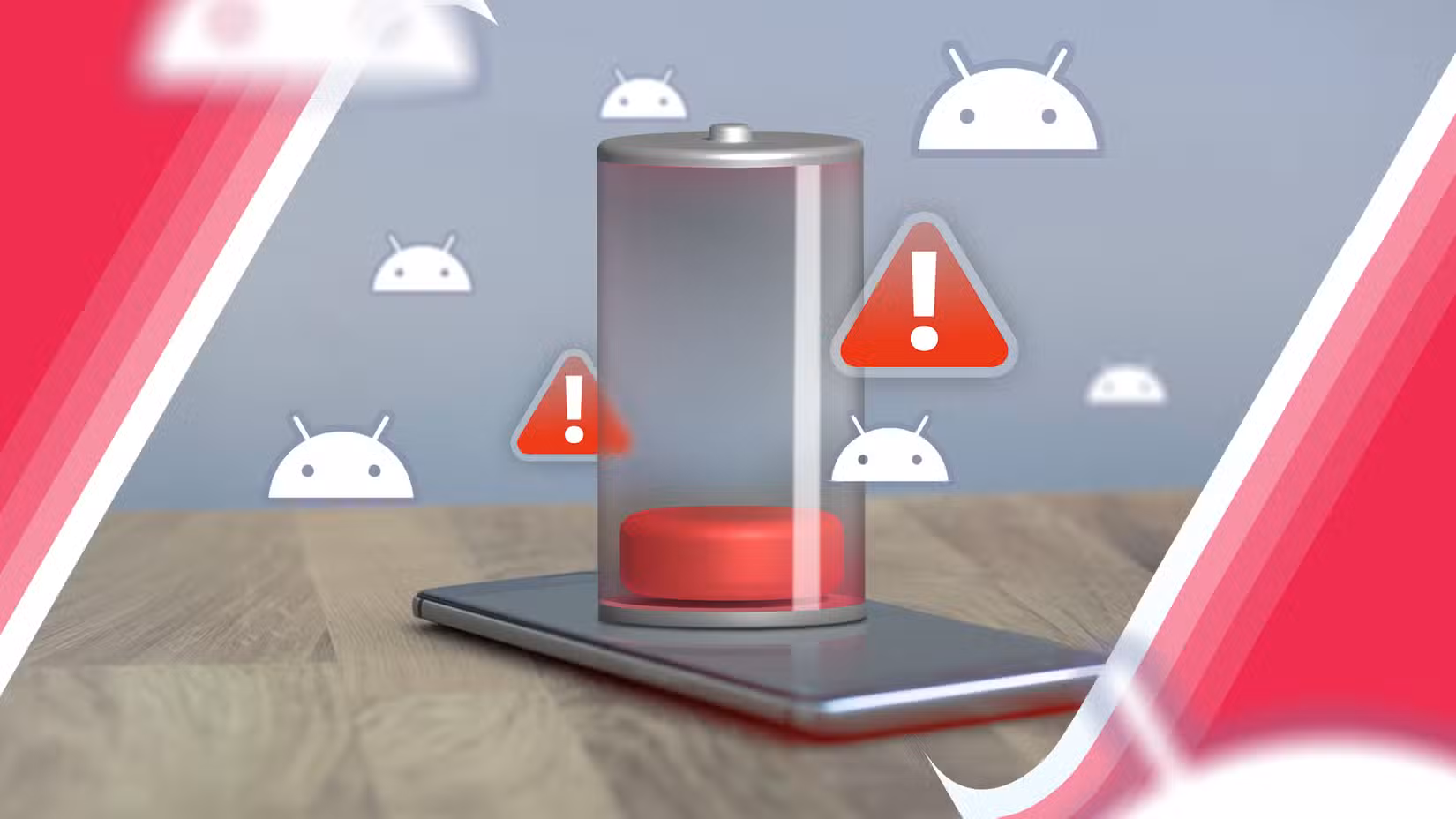 Ένα smartphone με εικονίδιο χαμηλής μπαταρίας πάνω από την οθόνη και εικονίδια Android γύρω του.