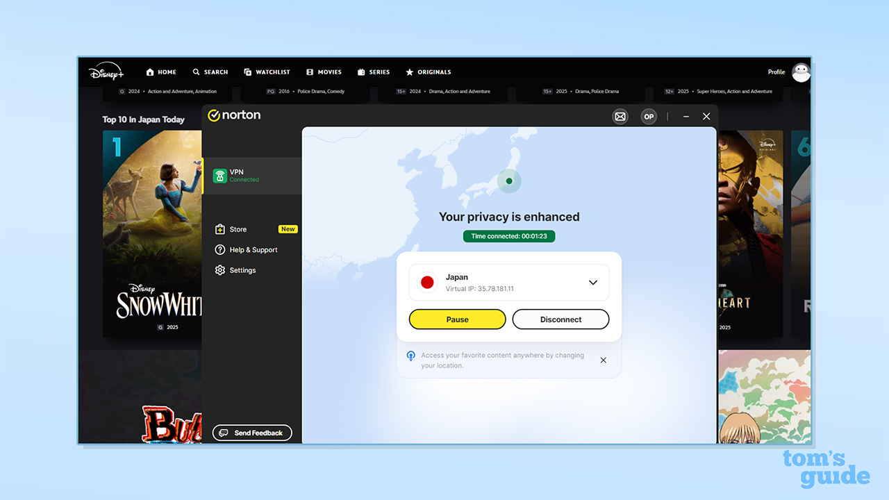 Στιγμιότυπο οθόνης του Norton VPN που ξεμπλοκάρει το Disney Plus όταν είναι συνδεδεμένο σε διακομιστή Ιαπωνίας