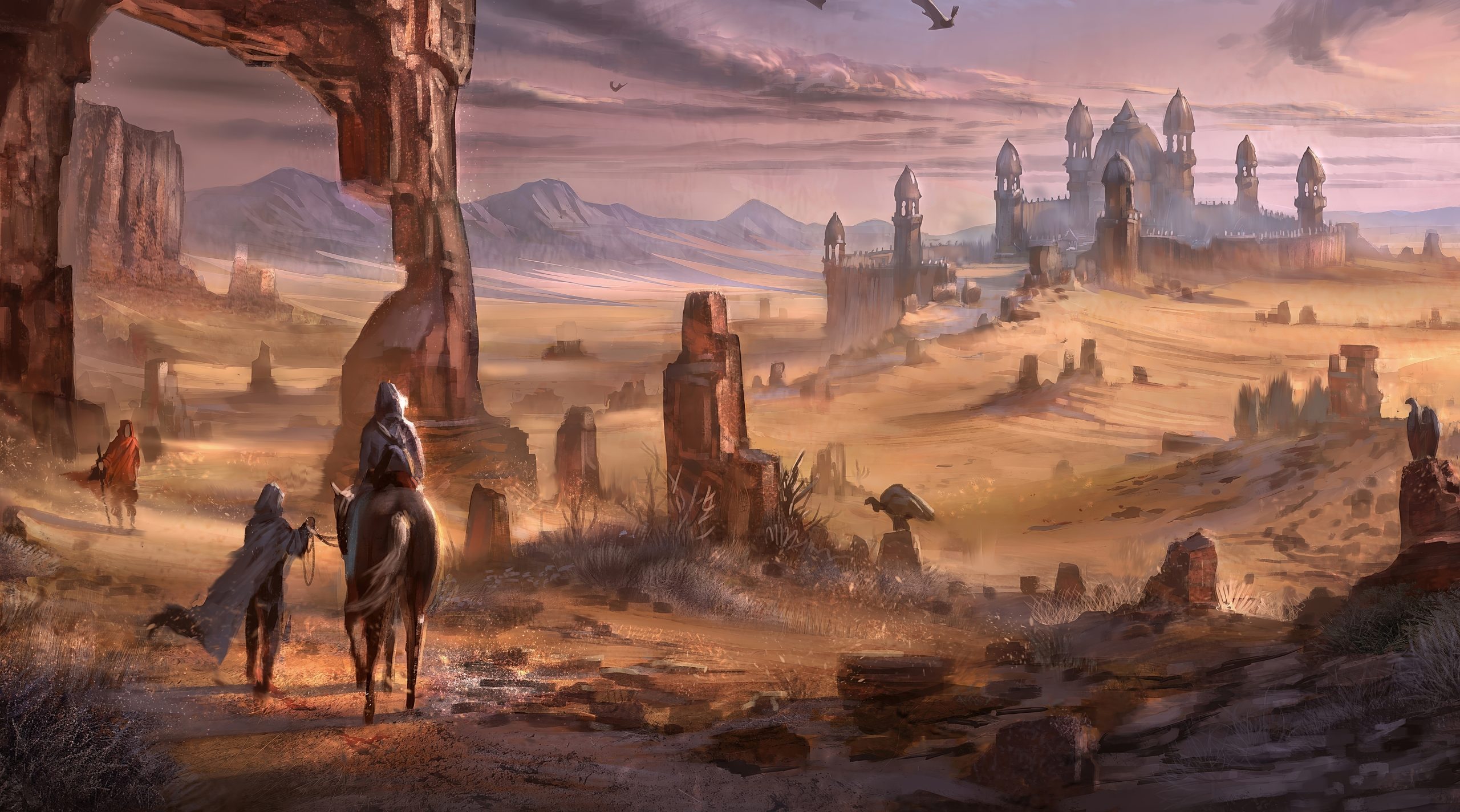 Ένα έρημο τοπίο με δύο φιγούρες με κουκούλες έφιππους που πλησιάζουν ένα μακρινό, θολωτό φρούριο.