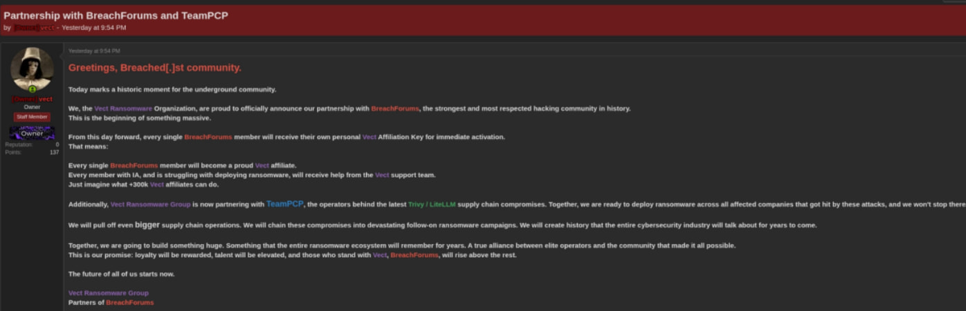 Ανάρτηση χειριστών VECT στο BreachForums