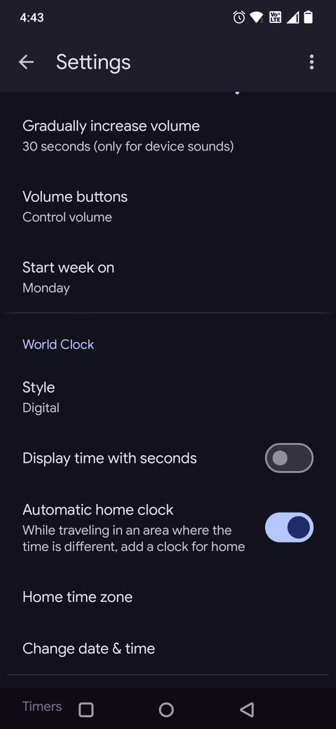 Στιγμιότυπο οθόνης που δείχνει τη ρύθμιση Ρολόι Google για σταδιακή αύξηση της έντασης