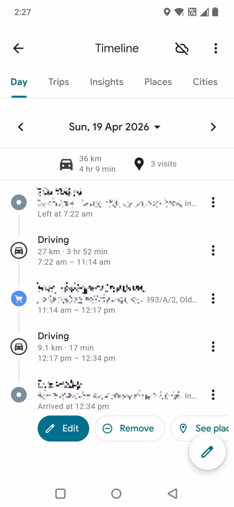 Στιγμιότυπο οθόνης που δείχνει τη γραμμή tmeline στους Χάρτες Google