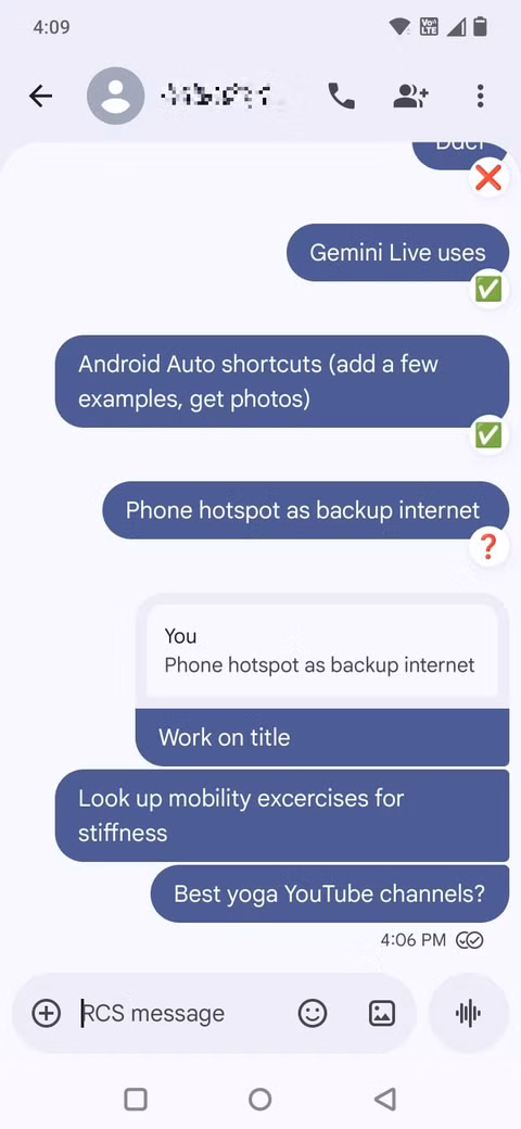 Στιγμιότυπο οθόνης που δείχνει ένα νήμα μηνυμάτων στο Google Messages
