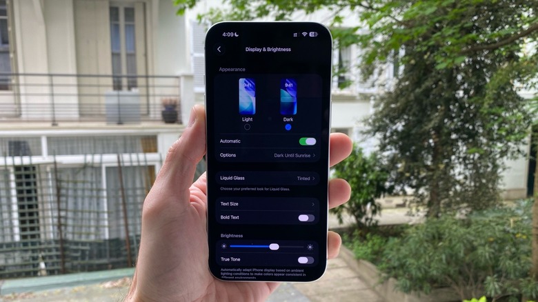 Ένα χέρι που κρατά ένα iPhone. Στην οθόνη, ρυθμίσεις οθόνης & φωτεινότητας