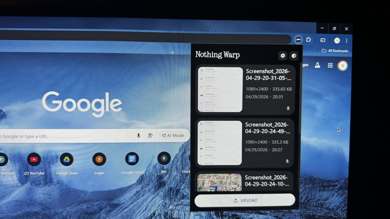 Υπολογιστής που εμφανίζει την επέκταση προγράμματος περιήγησης Nothing Warp με λειτουργία μεταφόρτωσης