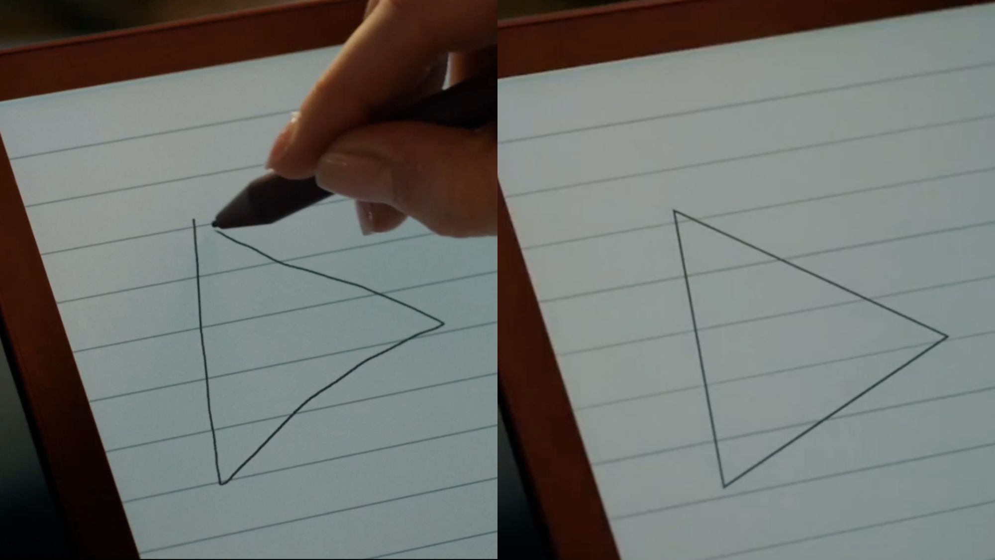 Αριστερά, σχέδιο με ελεύθερο τρίγωνο και δεξιά τρίγωνο με ευθείες γραμμές.