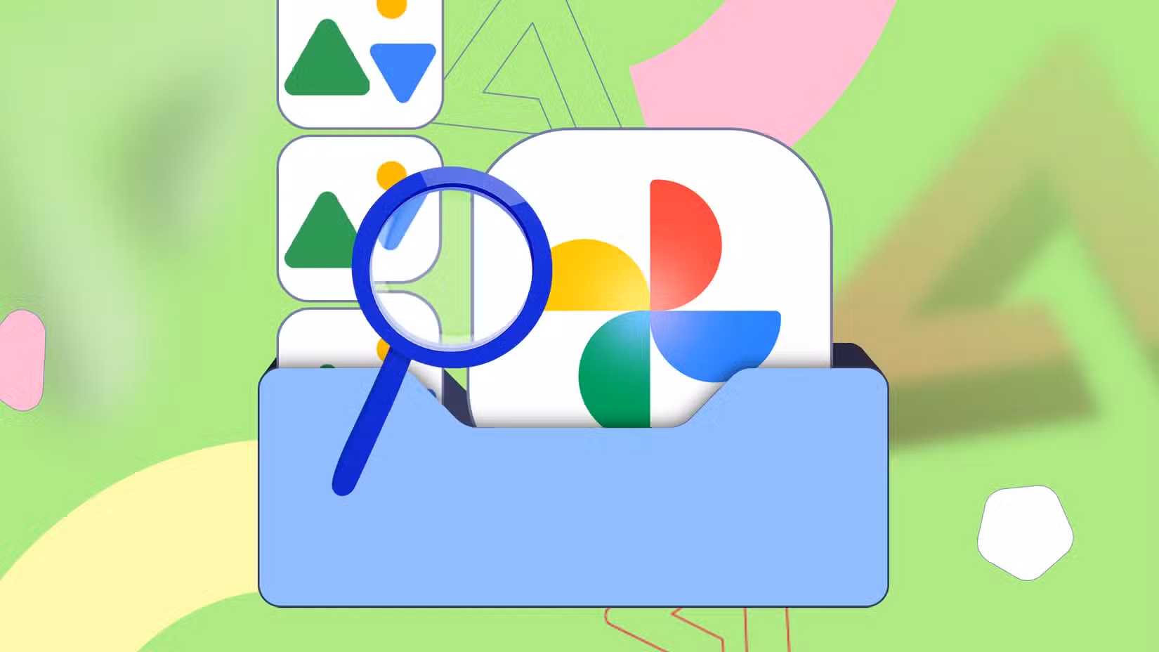 Μεγεθυντικός φακός που επιθεωρεί έναν μπλε φάκελο που περιέχει το εικονίδιο του Google Photos