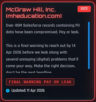 Καταχώρηση McGraw Hill στην πύλη εκβιασμών του ShinyHunters