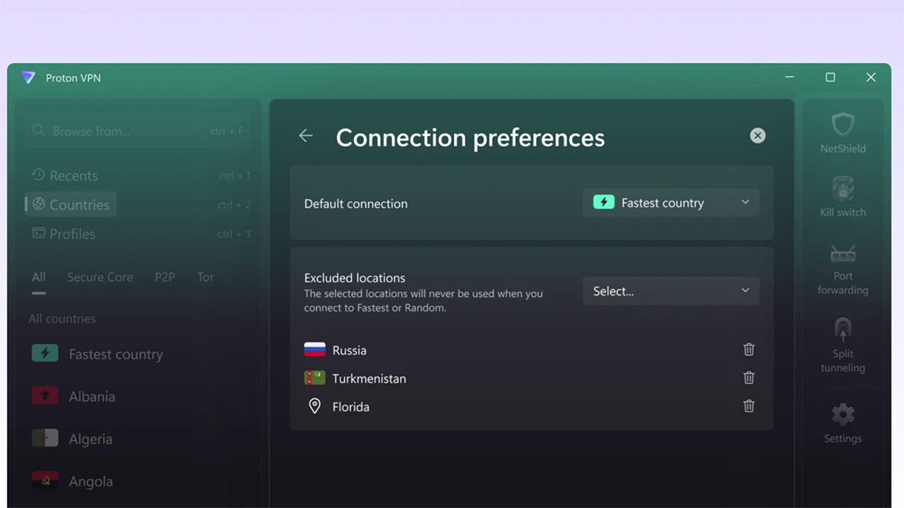 Εικόνα Proton VPN που δείχνει τις ρυθμίσεις προτιμήσεων σύνδεσης εντός εφαρμογής