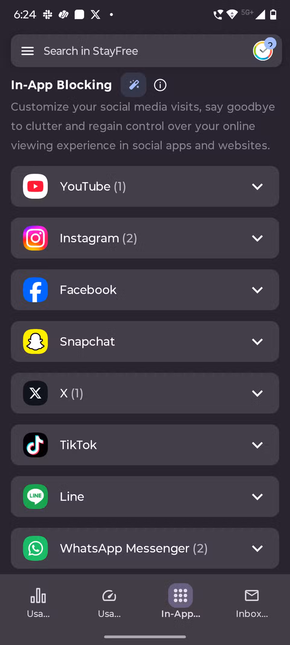 Στιγμιότυπο οθόνης που εμφανίζεται στον αποκλεισμό εφαρμογών στην εφαρμογή StayFree