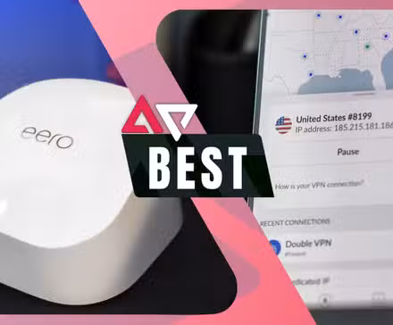 Γραφικό διαιρεμένης οθόνης ενός δρομολογητή wifi Eero και του NordVPN, με την ετικέτα «Καλύτερη» στο κέντρο.