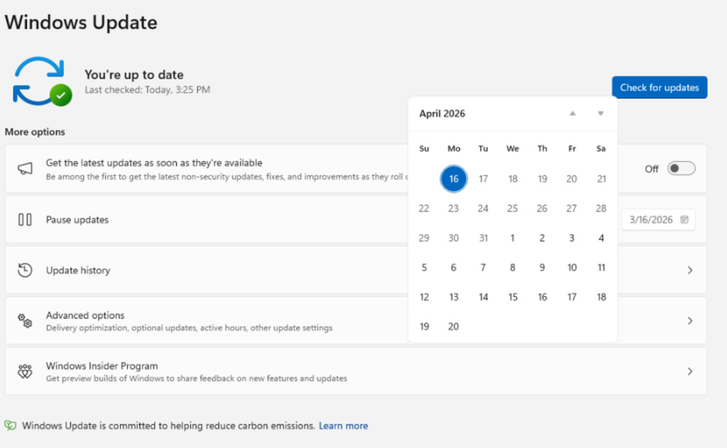 Παράθυρο ημερολογίου του Windows Update για παύση ενημερώσεων