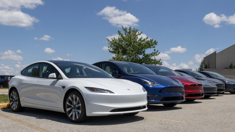 Διαφορετικά αυτοκίνητα Tesla σε έναν χώρο στάθμευσης