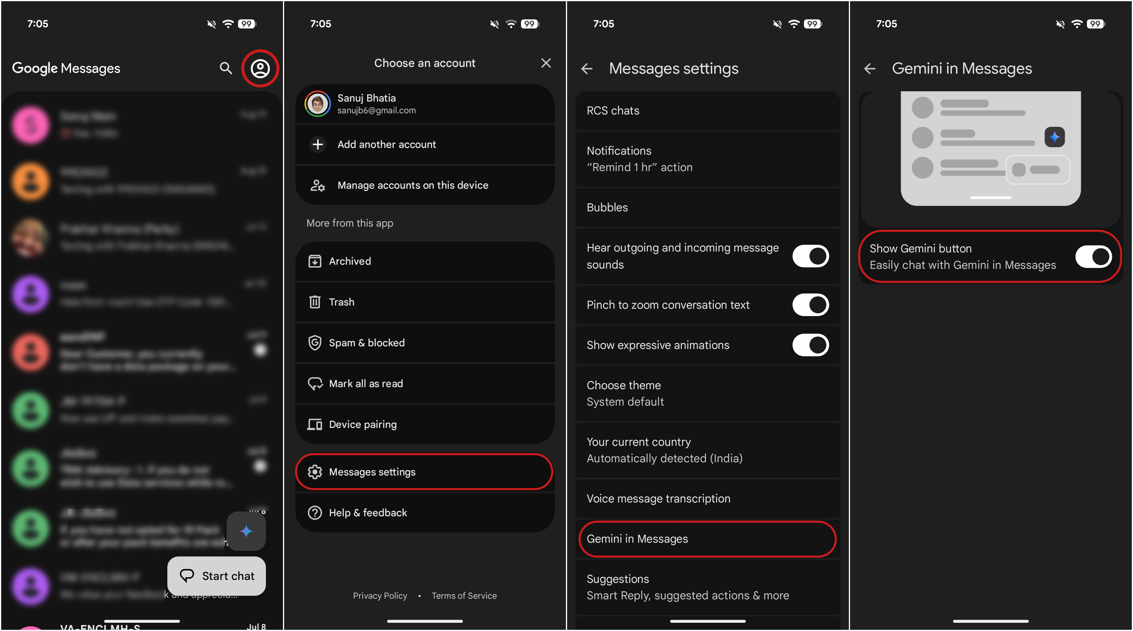 Βήματα για να απενεργοποιήσετε το Gemini στο Google Messages