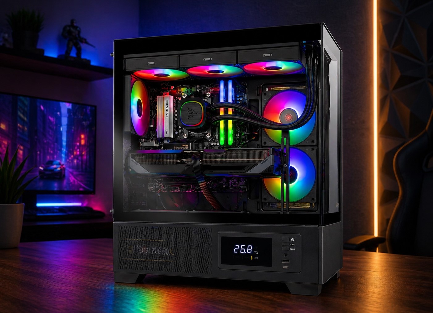 An open-side view of a gaming PC with RGB lighting, featuring a SilverStone PRIME cooler and a visible readout displaying '26.8°C' on the SilverStone HELA 850R PSU.