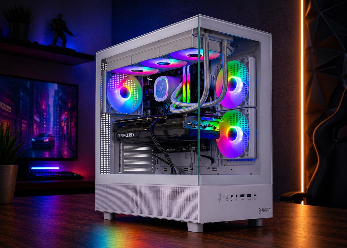 A custom-built gaming PC with RGB fans and a visible NVIDIA GeForce RTX graphics card inside a white case, marked with 'HYTE' and 'Skytech Gaming' logos, situated on a wooden desk in a room with colorful ambient lighting.