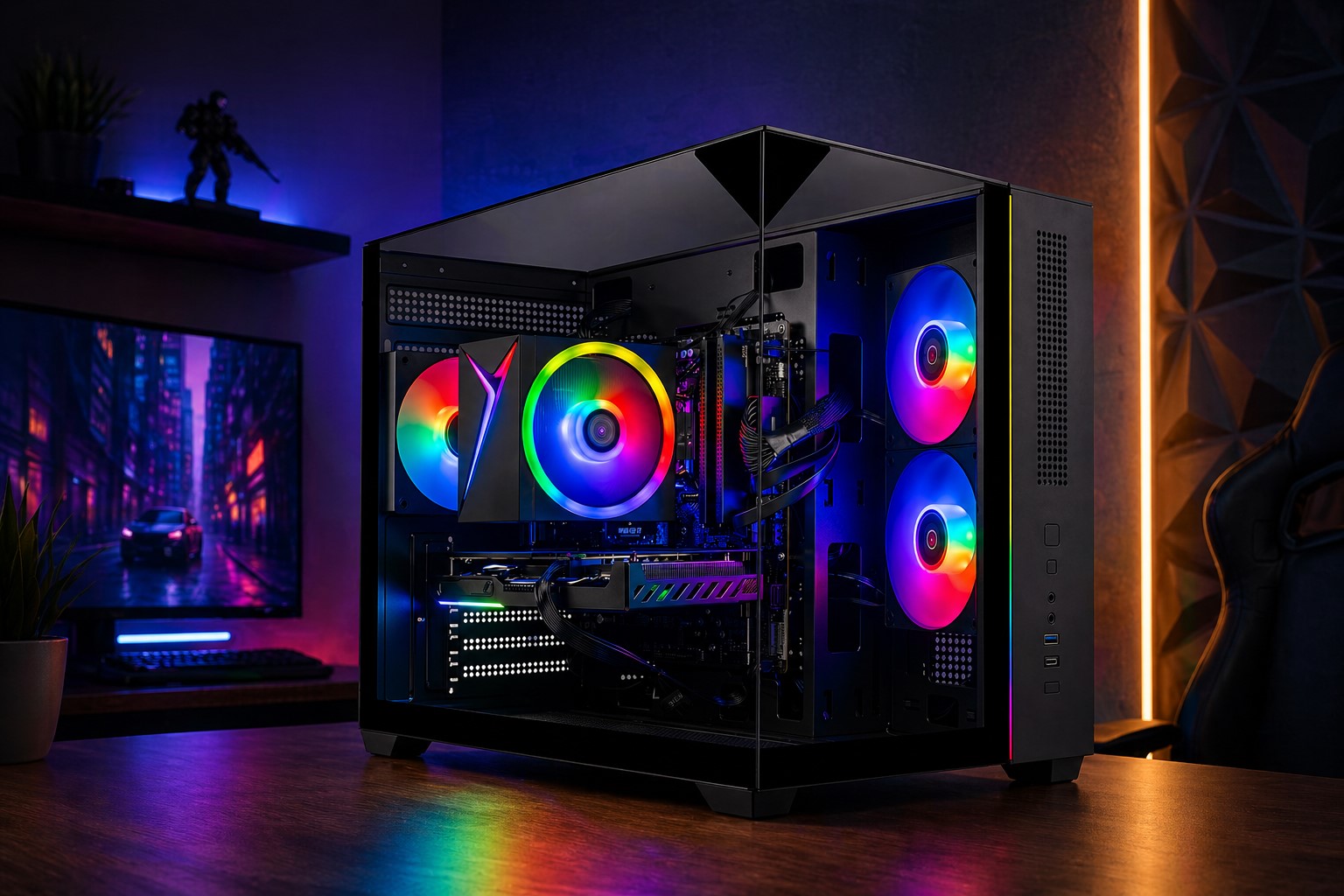 A gaming desktop setup with RGB lighting showcasing a transparent side panel revealing internal components and RGB fans, set on a wooden table with a cyberpunk-themed screen in the background.