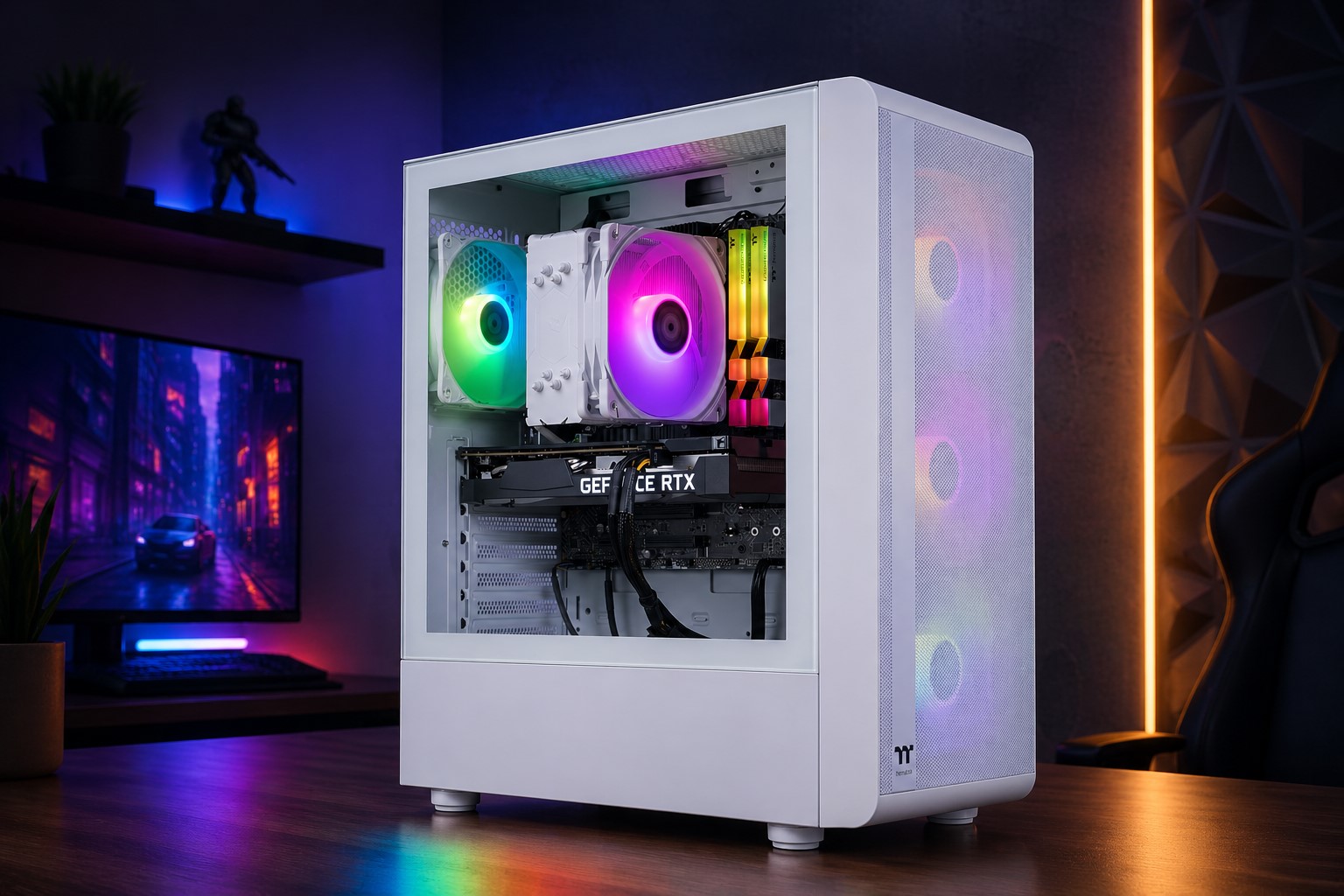 A white Thermaltake PC case with RGB lighting, housing a GeForce RTX graphics card, on a desk next to a monitor displaying a vibrant cityscape.