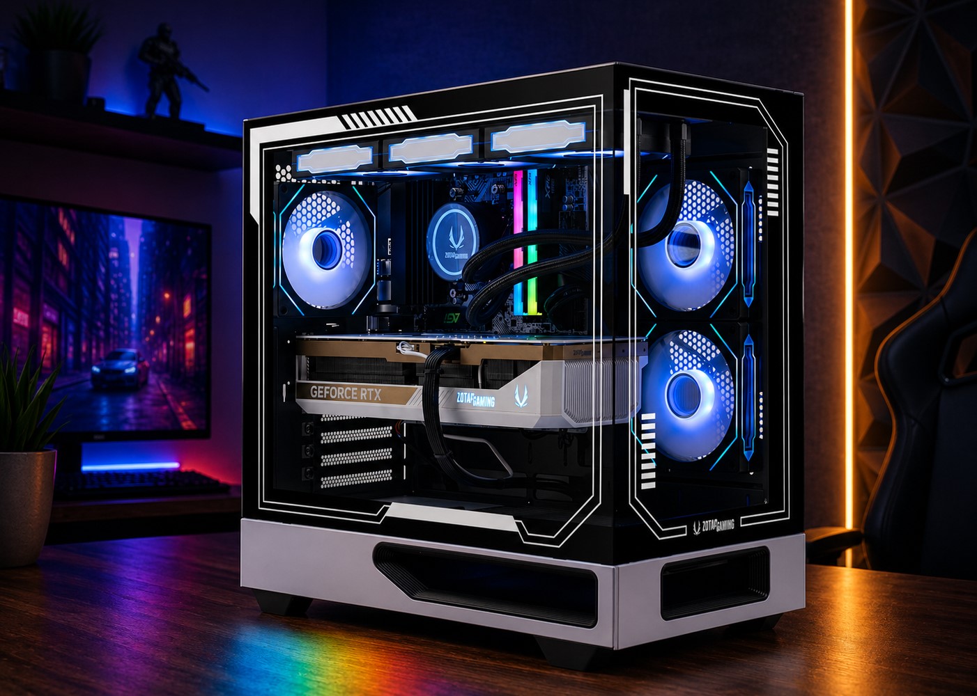 A custom gaming PC with a Zotac Gaming GeForce RTX graphics card, illuminated with blue and RGB lighting, is displayed on a desk with a monitor showing a cityscape at night.